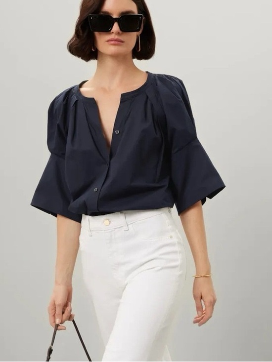 A.L.C. Tops - A.L.C. Top Womens Sz 0 Navy Blue Chloe Oversized Cotton Poplin Puff Sleeves Work